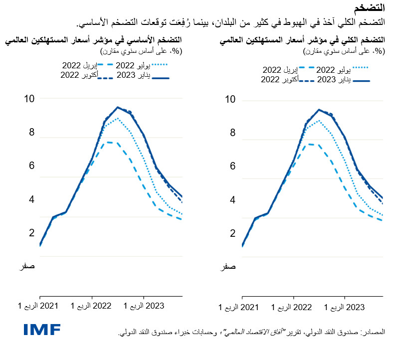 التضخم التضخم الكلي آخذ في الهبوط في كثير من البلدان، بينما رُفِعَت توقعات التضخم الأساسي.