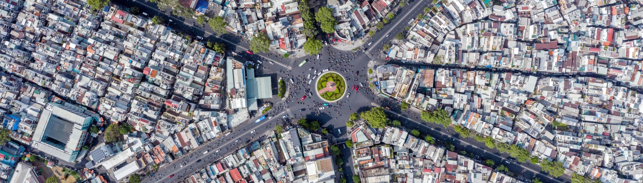 Panoramic aerial view of the roundabout in the center of Ho Chi Min City, Vietnam