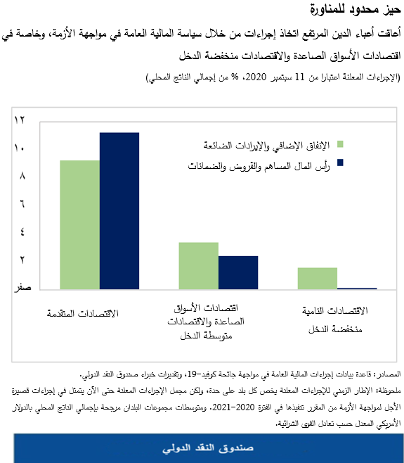 أعاقت أعباء الدين المرتفع اتخاذ إجراءات من خلال سياسة المالية العامة في مواجهة الأزمة، وخاصة في اقتصادات الأسواق الصاعدة والاقتصادات منخفضة الدخل